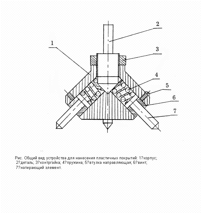 Подпись: 
     
Рис. Общий вид устройства для нанесения пластичных покрытий: 1корпус;
 2деталь; 3контргайка; 4пружина; 5втулка направляющая; 6винт;
 7натирающий элемент.
     
